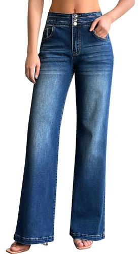 roswear Women's Wide Leg Jeans Casual High Waisted Stretch Baggy Loose Denim Pants Blue Medium