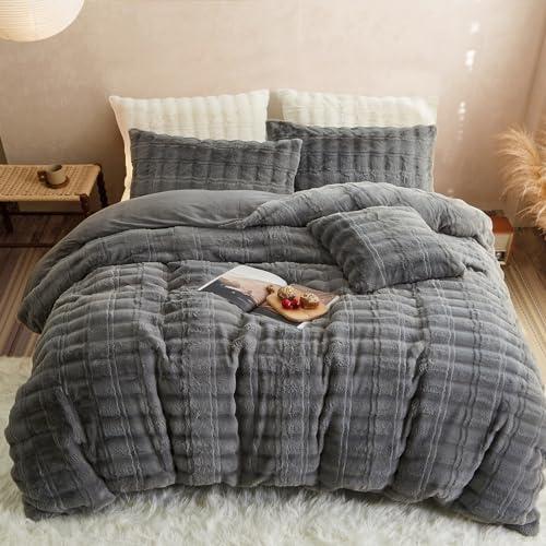 Freyamy Kunstfell Bettwäsche 135x200 2teilig Hellgrau Grau,Biber Winterbettwäsche Wende Flanell,Superweich Plüsch Fleece Bettwäsche-Sets Extra Warm - Bettbezug mit Reißverschluss + Kissenbezug 80x80
