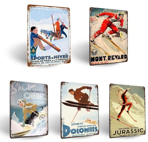 Lot De 5 Plaque Metal Vintage Hiver Ski Plaque Decorative Metal 20x30cm Plaque Ski Pub Pancarte Café Garage Gaz Station Cave Cuisine