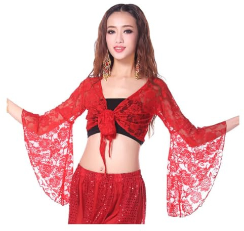 Top de danza del vientre para mujer, top envolvente de manga 3/4 acampanada, top corto con chal floral con vendaje con nudo para ropa de baile, tops cortos de encaje con mariposas disfraz yoga danza