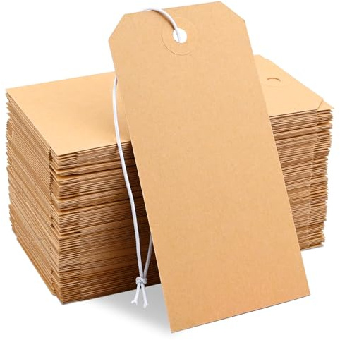 100 Pack Manila Shipping Tags with Elastic String Blank Labeling Tags with Strings Attached, 4 3/4 x 2 3/8