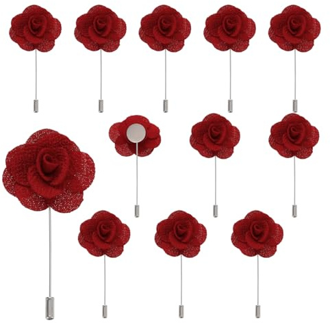 QUARKZMAN 12Pcs Épinglette Boutonnière Camélia Rouge | Accessoire Boutonnière Corsage Broches de Poche, pour Cérémonie de Mariage Anniversaire Bal de Promo Dîner Formel