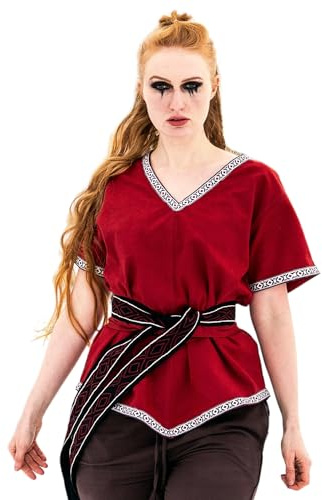 Leonardo Carbone® Damblus, vikingaunika, matilda | V-ringad med kant | integrerat bälte | karneval, halloween, cosplay, LARP, tunika, topp, kostym | 100 % bomull, röd, 3XL
