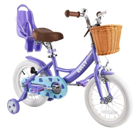 RULLY Grape Bicicleta Infantil de 14 Pulgadas para Niñas de 3 a 5 Años, con Ruedines, Cesta y Sillita para Muñecas, Rosa