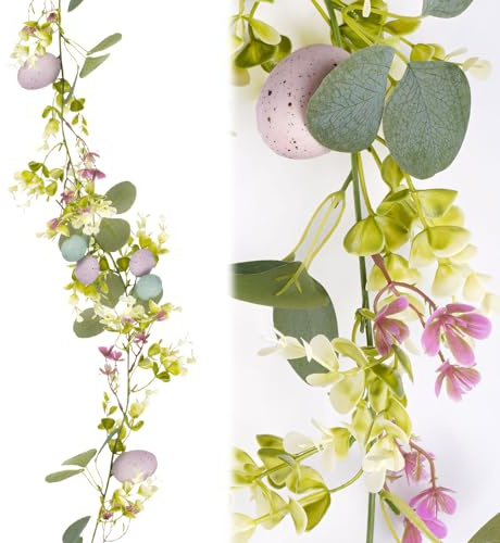 Guirlande de Pâques - 1,8 m - Guirlande de fleurs de Pâques avec œufs de Pâques - Décoration de printemps artificielle - Guirlande d'œufs d'eucalyptus - Décoration de Pâques pour l'intérieur et