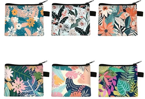 Syrvnto Porta Monete da Donna, 6 Pezzi Portamonete Stampa Tropicale con Cerniera, Portamonete Portatile Mini Portafogli Multiuso Colorati Borsellino con Motivi Floreali per Monete, Rossetto, Chiavi