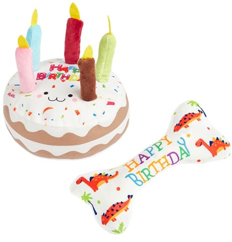 Anseom 2 Pezzi Giocattoli per Cani, Osso di Compleanno Regalo + Torta Giocattolo da Masticare Set per Cani Piccoli e Medi, Gioco Cartilagine Durevole, Ideale per Festeggiare e Allenare i Denti
