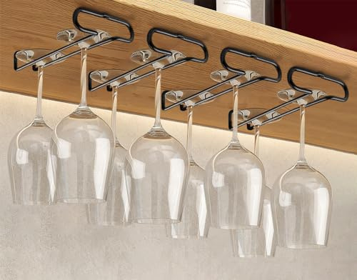 GeLive 7 Inch Wine Glass Holder Under Cabinet Stemware Rack Little Glass Hanger Storage Organizer for Short Space Kitchen and Bar Set of 4 (Black)