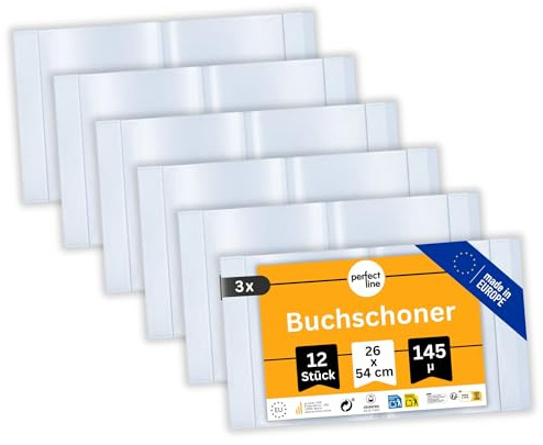 perfect line 12 x bokomslag 26 cm höjd, skolboksfodral extra stabilt av PP, bokskydd glasklart, transparent, avtorkningsbart, fodral upp till 54 cm bredd, tillverkad i EU (transparent, 3 x 12 st.)
