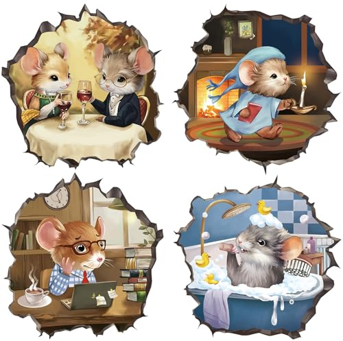 fufuquare 3D Adesivi da Parete Tana del Topo dei Cartoni Animati Buccia e Bastone, 4 Modelli Regalo Divertente, Scene di Vita Quotidiana Adesivi Murali con Topolini per Bagno, Sala da Pranzo Ufficio