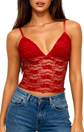 LEBOOBELL Tops de Encaje para Mujer Camisola con Cuello en V Top Corto Sexy Camiseta sin Mangas Y2k Conjuntos para Salir