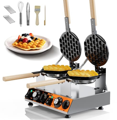PYY Bubble Waffle Maker - 3100W Commercial Hong Kong Egg Waffle Maker, Double Head, 180° Rotate, Non-Stick Plate, 50-250℃ Adjustable Temp, 0-5Min Timer, Bubble Waffle Machine for Commercial Use, 110V