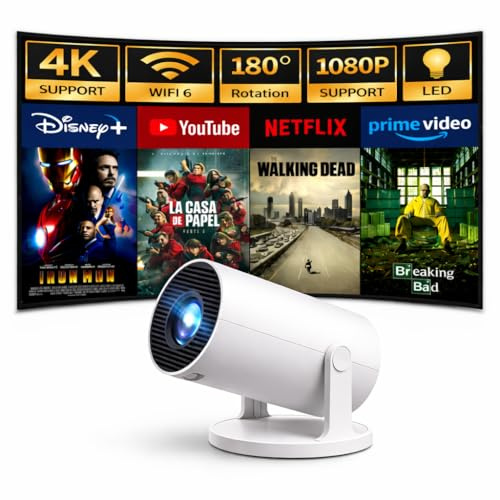Mini Proyector Portátil 2026 .Android 14, WiFi 6 Bluetooth, Soporta 4K y 1080P, 180° Rotación, Auto Keystone, Cine en Casa, Proyector Compacto Inteligente