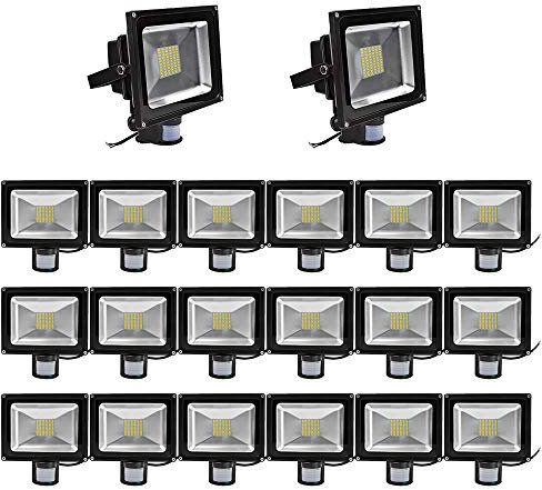 20 st. 50 W LED fluter SMD strålare med PIR rörelsedetektor, ALPHA DIMA 120° fluter IP65 vattentät aluminiumkropp svart varmvit