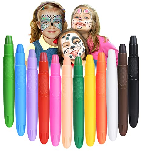 URAQT Schminkstifte Kit, 12 Farben Waschbar Kinderschminke Gesichtsfarben Set, Sicher und Ungiftig Körperfarben, Face Paint Bodypaint Schminkset für Halloween Make-up Geburtstag Karneval(A)