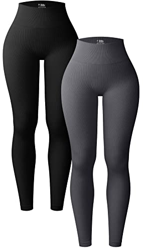 OQQ Damen 2 Stück Yoga Leggings Gerippt Nahtlos Workout Hohe Taille Athletic Pants, Schwarz Dunkelgrau, M