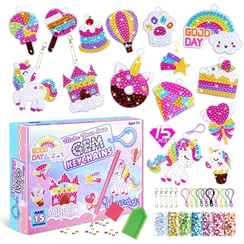 CAYUDEN Diamond Painting Keychains, 15 pcs DIY Diamond Art Keychains Ornaments 5D Unicorn Diamond Key Chain Rhinestone Pendant Decorative Key Ring Gem Arts and Crafts for Kids Ages 8-12
