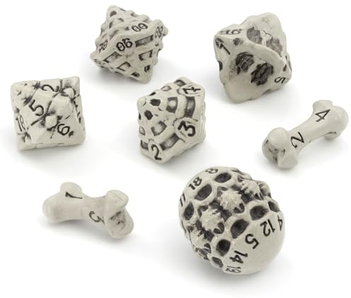 DND Würfel Set - Dice Set mit 7 Skull & Bone/Schädel & Knochen D&D Würfel - D20, D12,%D10, D10, D8, D6 & D4 Seitig für Dungeons & Dragons (D&D), Warhammer, Pathfinder, Pen and Paper Geschenk. (Weiß)
