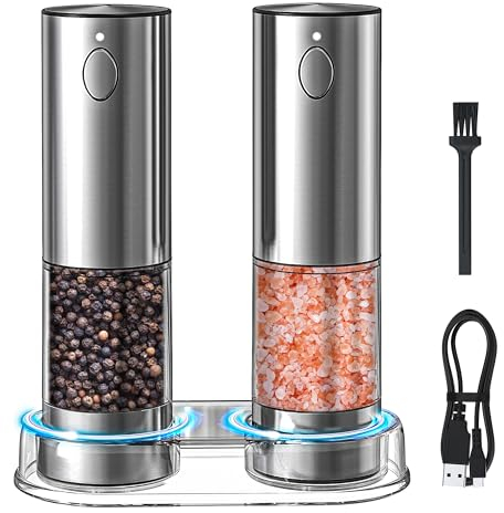 BGFOX Salz und Pfeffer Mühle Elektrisch 2er Set aus Edelstahl mit einstellbarem Keramik-Mahlwerk von grob bis fein, Gewürzmühlenset Automatisch mit Basis LED-Licht Type-c Reinigungspinsel (2 Stück)