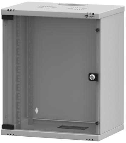 hb-digital Armario de red de 19 pulgadas, 12U, montaje en pared con puerta de cristal, carcasa de pared para router informático, panel de conexiones, carga de 60 kg, resistente, profundidad de 400 mm,