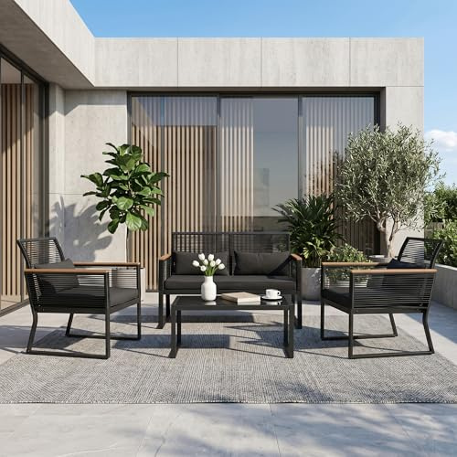 OC Orange-Casual 4 tlg Gartenmöbel Set, Rattan Terassenmöbel für Außenbereich, Rattan Sitzgruppe für 4 Personen, mit Beistelltisch und Kissen,2 Packet insgesamt, für Balkon, Garten, Hinterhof, Schwarz