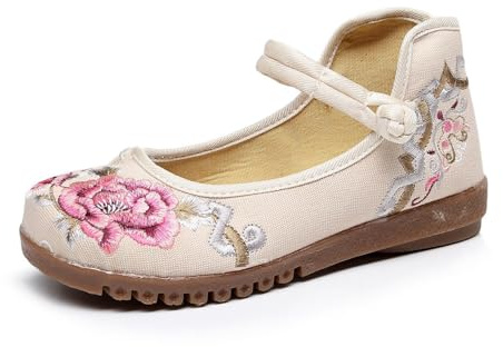 xinrishe Chaussures Plates Brodées À La Main pour Femmes, Chaussures À Bride À La Cheville De Style Traditionnel Chinois, Chaussures De Ballet De Yoga De Spectacle De Marche Cheongsam(Beige,39 EU)
