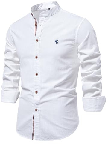 GULASISI Men's Cotton Shirts Long Sleeved Stand-Up Collar Button Down Oxford Shirt Casual Plain Smart Shirt Work Business Formal Shirts White