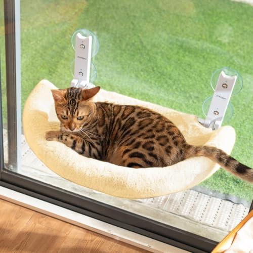 CATISM Pliable Hamac Chat Fenetre avec Coussin Perchoir Semi Circulaire Hamac pour Chats, Hamac de Fenêtre Renforcé avec Ventouse Puissante, Lit de Fenêtre pour Chats, Beige