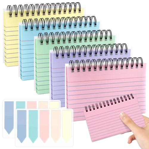 OEEYYT 5 Stück Karteikarten 250 Blätter Karteikarten Linierte Vokabelkarten Bunt Lernkarten Spirale Notizblock Transparenter Abdeckung für Lernen Von Wörtern Schulsachen