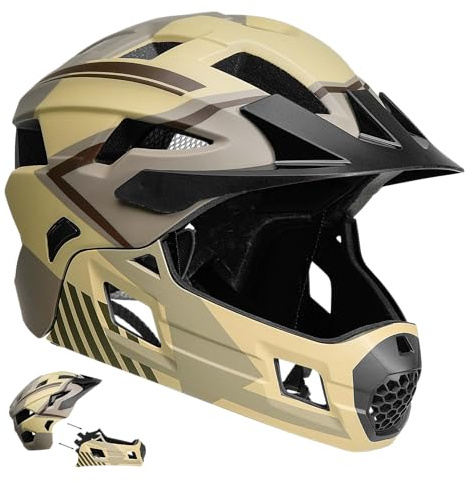 Crazy Safety Casque Vélo Intégral - Sable | pour VTT, BMX, Trottinette | Casque Enfant avec mentonnière Amovible | Casque intégral et Standard 2-en-1 | Casque de Motocross Taille M 54-57 cm