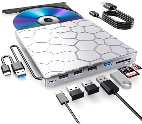 BPAKDU External CD/DVD Drive for Laptop, DVD Player for Laptop, 8 in 1 USB 3.0 Ultra-Slim Portable, CD Burner External Disk Drive Optical Compatible with Desktop Mac,Windows (Silver)