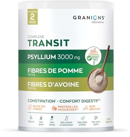 GRANIONS COMPLEXE TRANSIT- Psyllium 3g, Fibres de Pomme, Avoine, Vitamine B2 - Complement Alimentaire Psyllium Sans Gluten, Constipation, Confort Digestif - 2 Mois de Cure - Psyllium Goût Neutre 290g