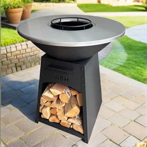Plancha - BBQ - Grill - Brasero - Barbecue - Noir - Plaque Grill - Outdoor - Plancha - ASH NOVA XL - Anneau de Grill Ø70 - Cheminée de Jardin - Barbecue - Rangement Bois - Aspect Luxe - Plaque de