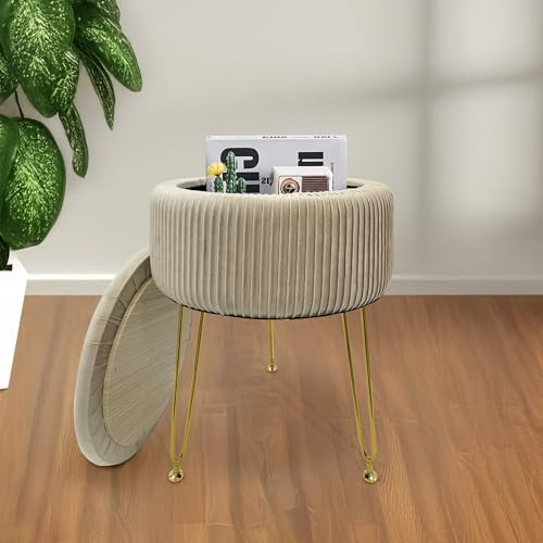 IlGruppone Pouf Rotondo in Velluto con Contenitore Portaoggetti Sgabello Toeletta Trucco Tavolino caffè Ripiano Legno Salotto Poggiapiedi con Gambe Color Oro - Panna