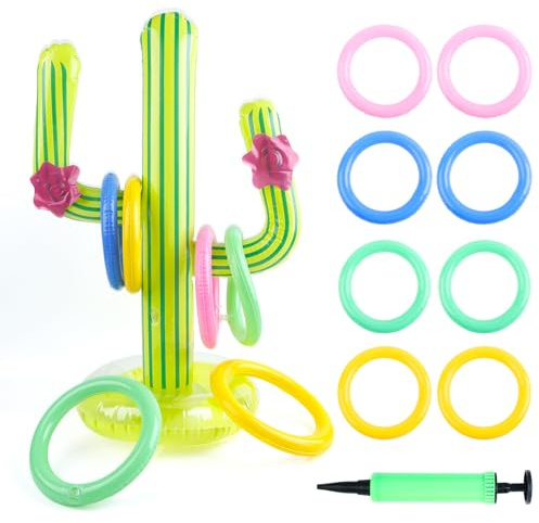 Tantanbear Inflatable Pool Toys Cactus, 10 Pcs Cactus Ring Toss Game Set with 8 Ring, Waterproof Hawaiian Party Decorations Folds Easily, Swimming Pool Games for Cowboy Party Indoor Outdoor Toys