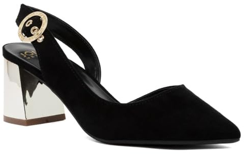 Jones New York Women's Slingback Block Heel Pumps – Pointed Toe Dress Shoes with Gold Buckle – Comfortable Mid Heel for Office, Party, or Evening Wear-Black Gold Size 8