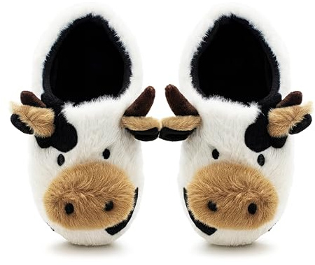 IMTY Womens Reindeer Novelty Slippers Character Plush Festive Fun Christmas Slipper Mules (Cow, 5, UK Footwear Size System, Adult, Women, Numeric, Medium, 5)
