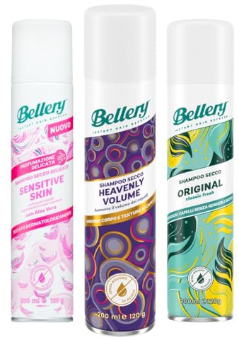 Bellery Shampoo Secco Spray per Tutti i Tipi di Capelli - Set composto da Original, Heavenly Volume e Sensitive Skin con profumazione delicata - 3 Shampoo Spray da 200ml