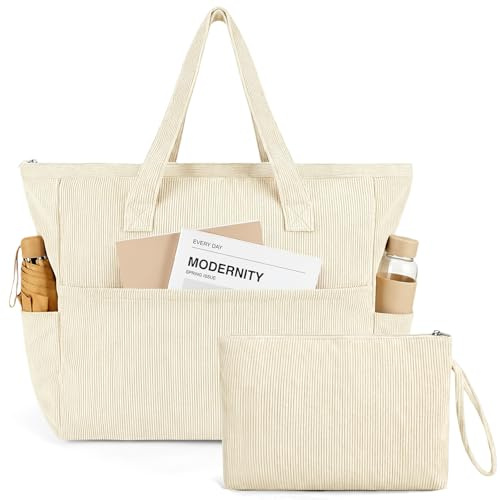 NADSSJL Cord Tasche Damen, Shopper Tasche Damen mit Reißverschluss, Tasche Arbeit Damen mit 17-Zoll-Laptopfach, Reisetasche Handtasche für Arbeit, Schule, Einkaufen und Gym (Beige)