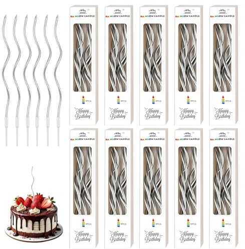 60 Candeline Compleanno,Candele a Spirale di Compleanno Lunga Sottile con Superficie Metallica Torta Cupcake Candele per Torte Lunga Compleanno Matrimoni Eventi Candeline Supporto Decorazione(Argento)