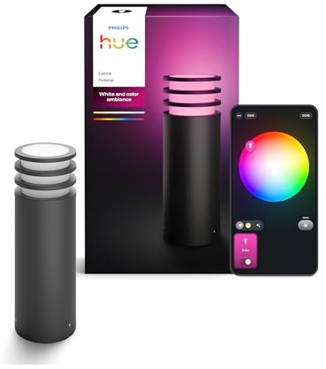 Philips Hue Lucca LED Sockelleuchte für den Außenbereich, Einstellbares Weißes und Buntes Licht, 1.100 lm, mit A60 Leuchtmittel, Dimmbar, IP44-Wetterfest, Matter-zertifiziert, Zigbee