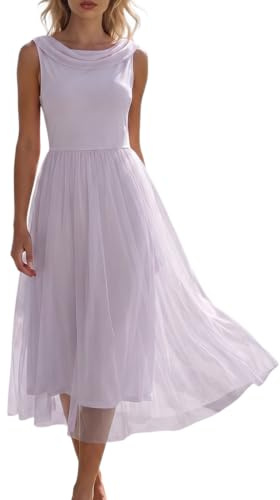 Minetom Robe Femme Élégante Longue en Chiffon Col Bateau sans Manches Taille Plissée Et Jupe A-Line Fluide Style Chic pour Mariage Invité Et Soirée A Violet XL