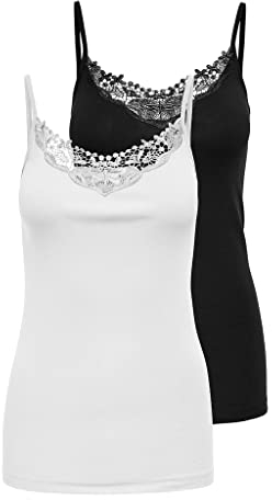 ONLY NOS Damen ONLKIRA LACE Singlet 2 Pack NOOS Top, 2per Pack Schwarz (Black Pack: Black and White), X-Large (Herstellergröße: XL)