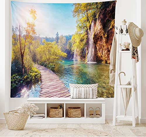 ABAKUHAUS Natur Wandteppich, Idyllischer Wasserfall am See, Wohnzimmer Schlafzimmer Heim Seidiges Satin Wandteppich, 150 x 100 cm, Blau und Grün