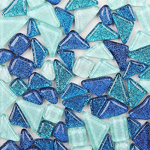 Bunte Glasmosaikfliesen 200g, Irregulär Glitzerkristall Mosaiksteine Glasstücke, Glasfliesen Glassteine für Basteln, Haus Deko(blau)