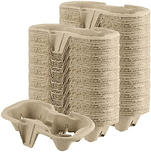 JEUIHAU 100 Pack Pulp Fiber Drink Carrier Tray for 8-24 oz Cups, Biodegradable Carrier for Hot or Cold Drinks, Ideal To Go Drink Holder for Car Food Delivery