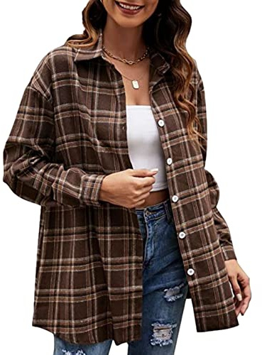 Zontroldy Camisas de franela escocesa de mujer oversize de manga larga con botones, camisa a cuadros de búfalo, top, marrón, XXL