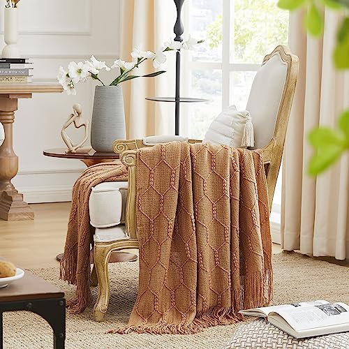 KASYLAN Diamond Knitted Throw Blanket Textured Solid Soft Sofa Throw Couch Knitted Decorative Blanket, 127x152cm Almond