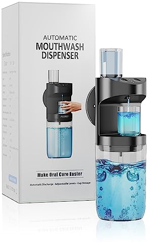 Mundwasser Spender Automatisch,550ML Mundspülung Spender für Badezimmer,Wasserdicht Auffüllbare Mundspülspender mit 2 Bechern,Selbstreinigend,Tropfsicher,Bad Zubehör Schwarz