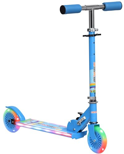 HOMCOM Trottinette pour Enfants de 3 à 7 Ans Pliable Roues Lumineuses en PU, 12 LED, Musique, Hauteur Guidon réglable sur 4 Niveaux, Frein à Friction, Bleu